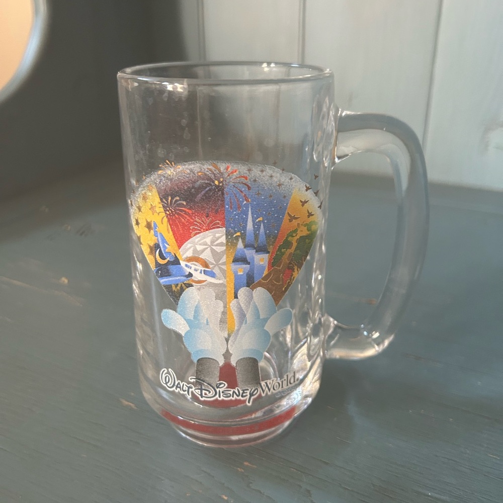 Vintage Walt Disney World Parks Glass Beer Mug - Colorful Design/Mickey Hands